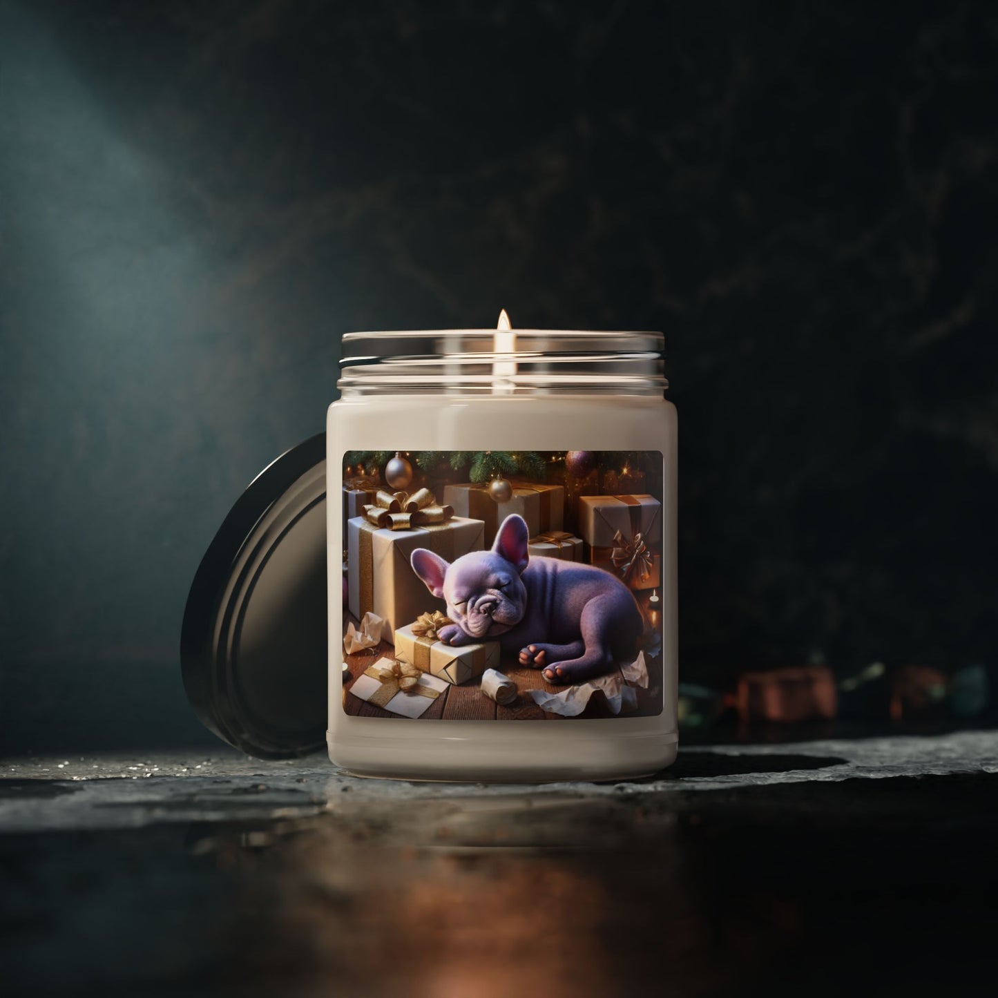 Holiday Scented Soy Candle with Sleeping Frenchie - 9oz