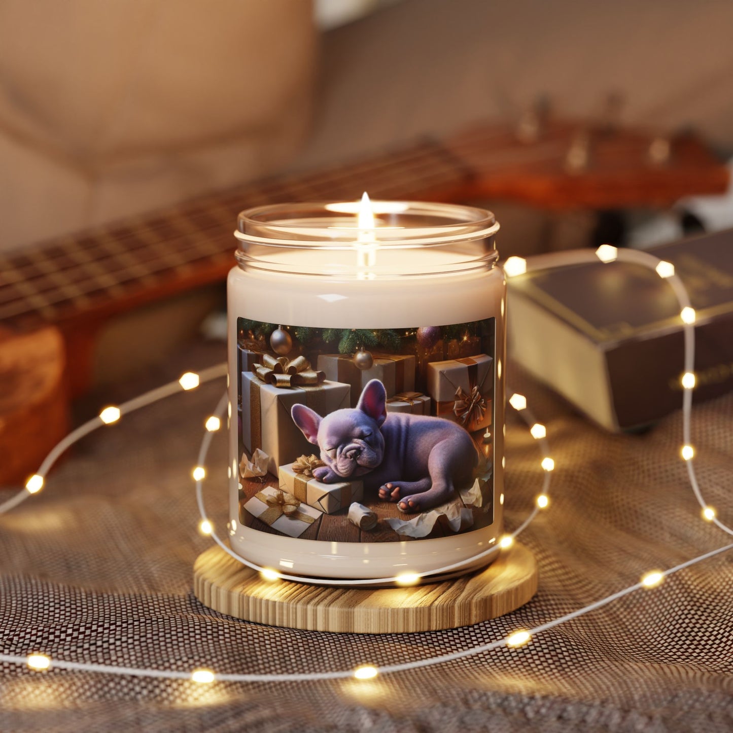 Holiday Scented Soy Candle with Sleeping Frenchie - 9oz